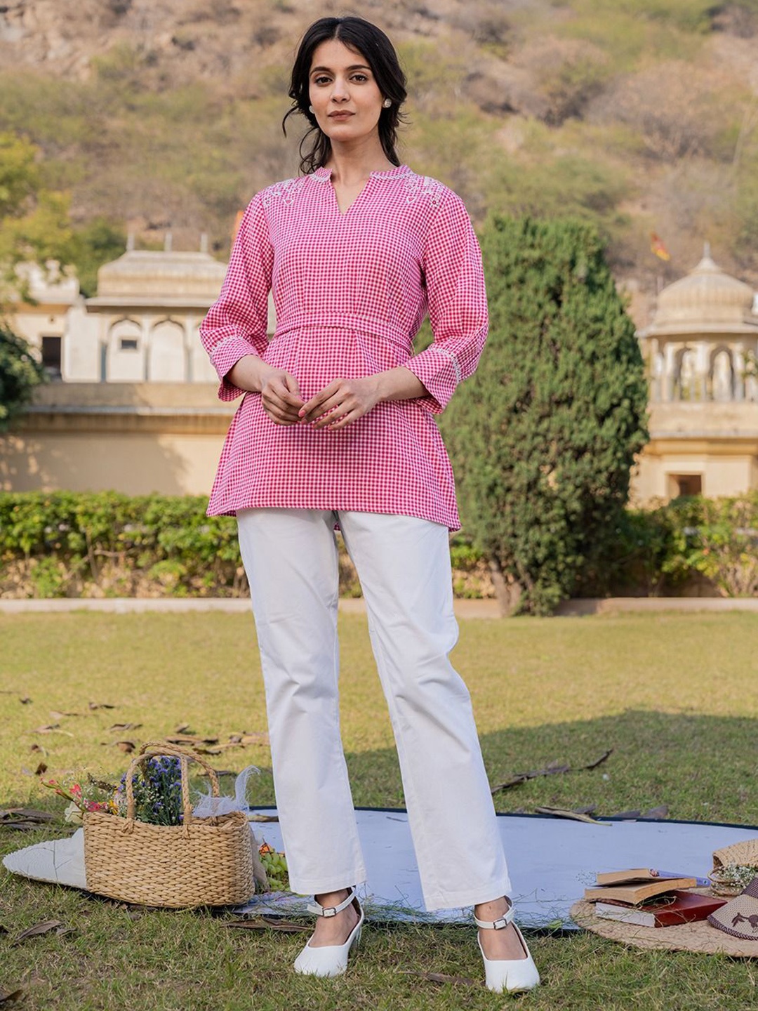 

BAESD Embroidered Cotton Longline Cinched Waist Top, Pink