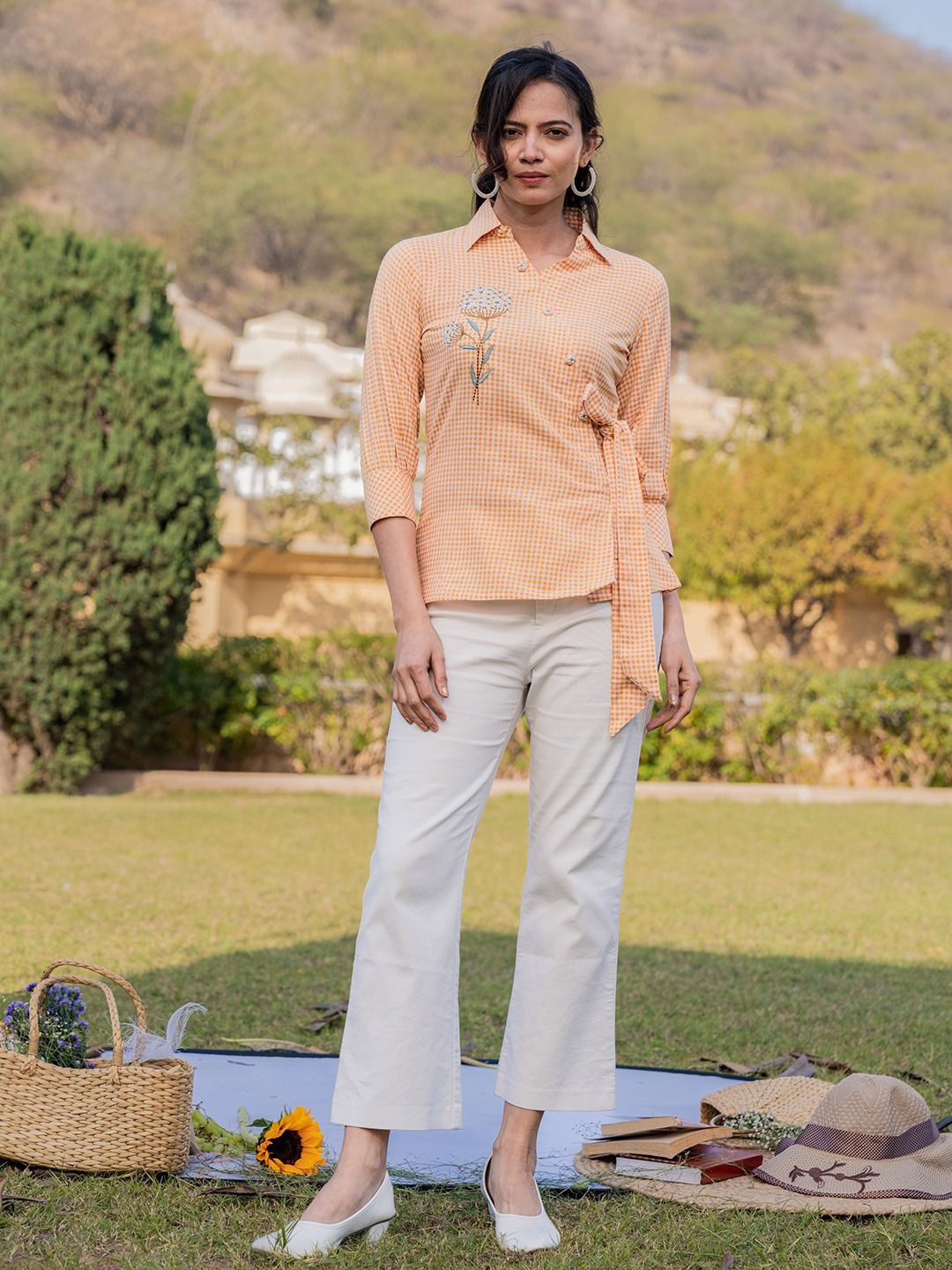 

BAESD Women Checked Shirt Collar Pure Cotton Top, Orange
