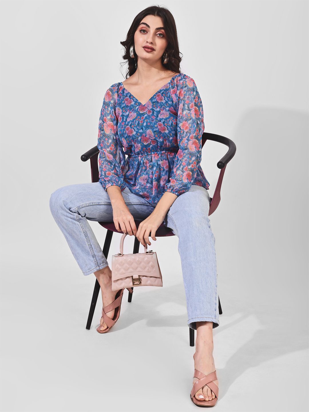 Fbella Women Floral Printed Puff Sleeves Top, Blue
