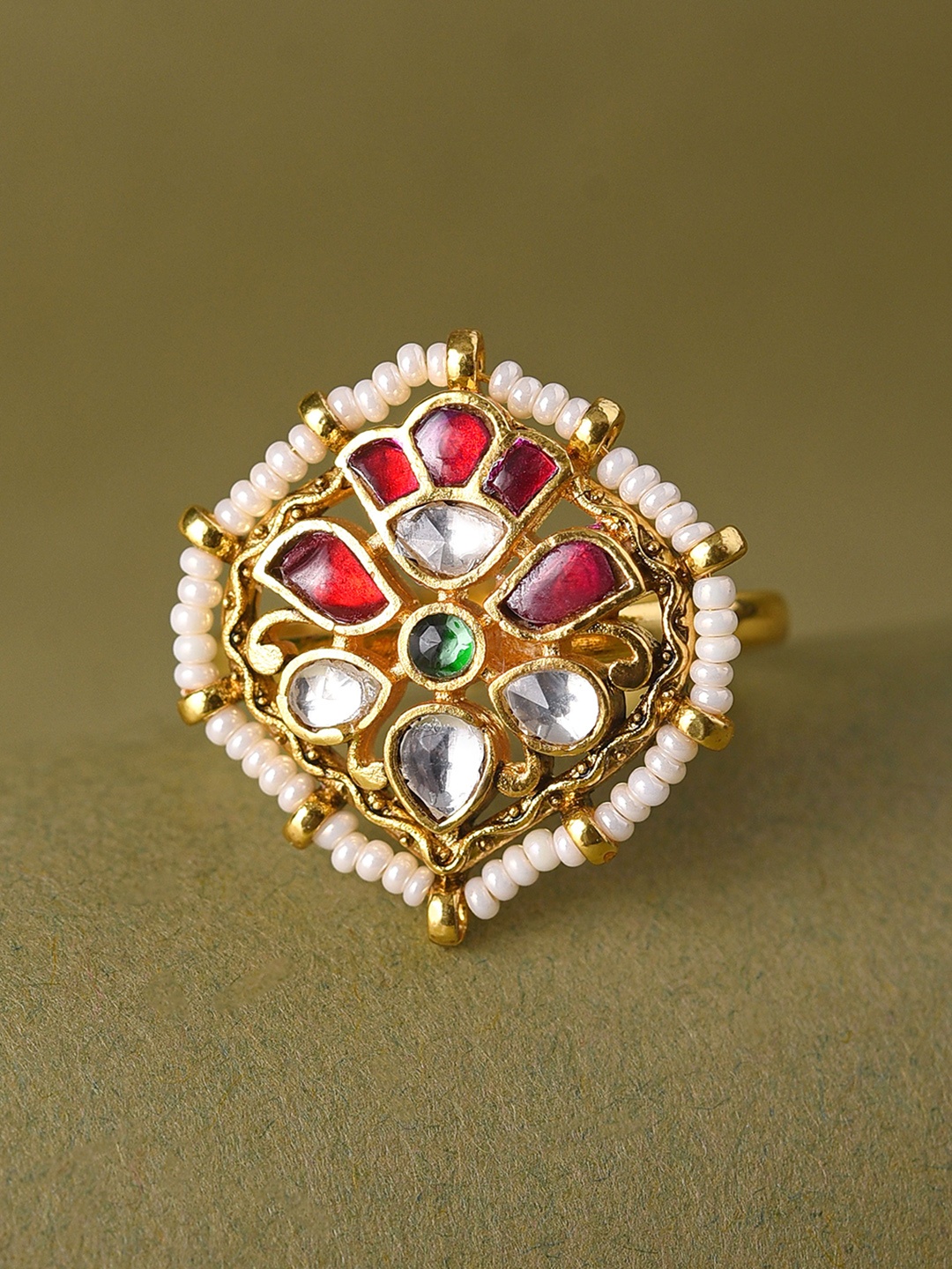 

JAYPORE Gold-Plated Kundan-Studded & Pearls Beaded Adjustable Finger Ring