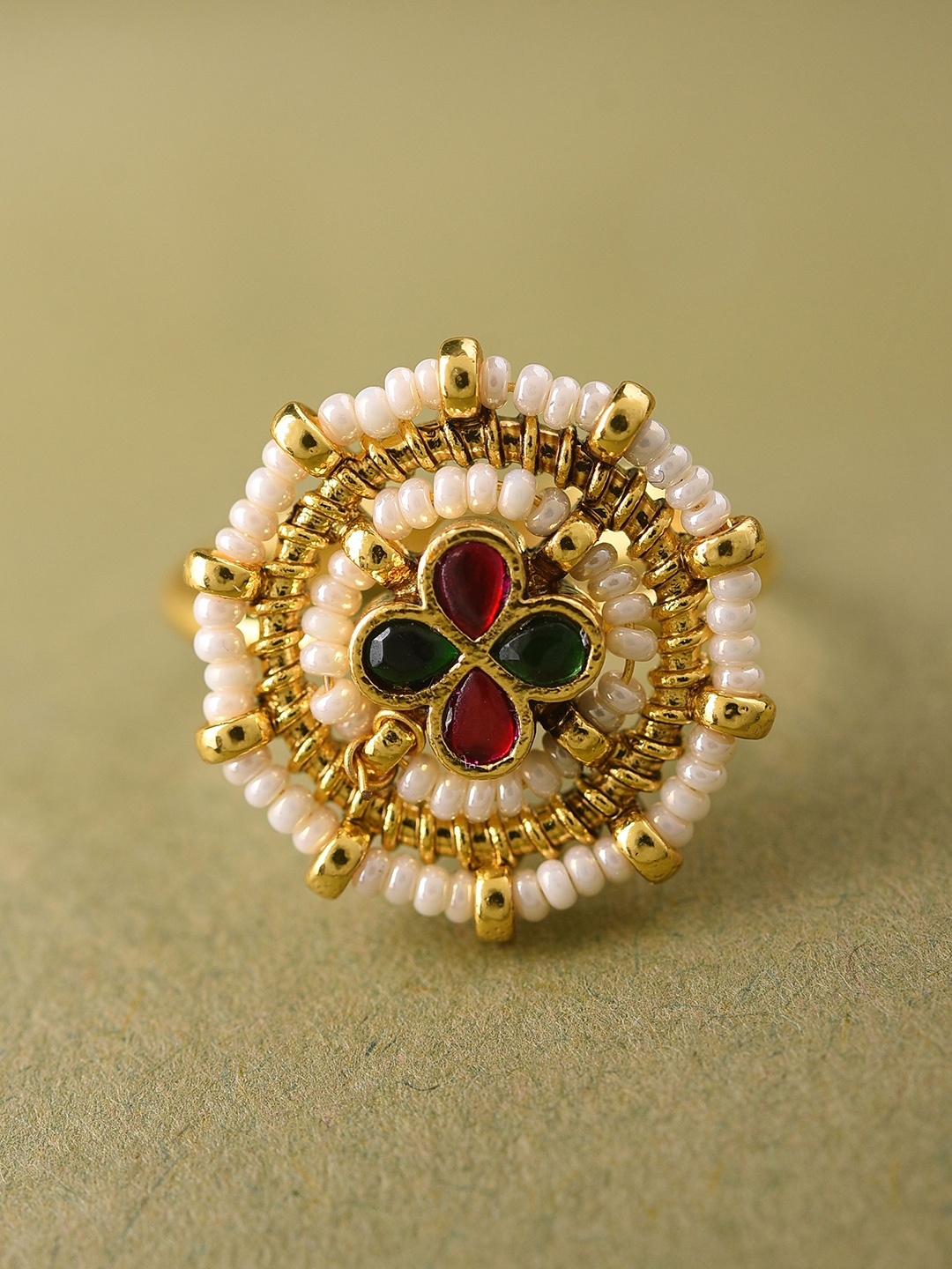 

JAYPORE Gold-Plated Kundan-Studded & Pearls Beaded Adjustable Finger Ring