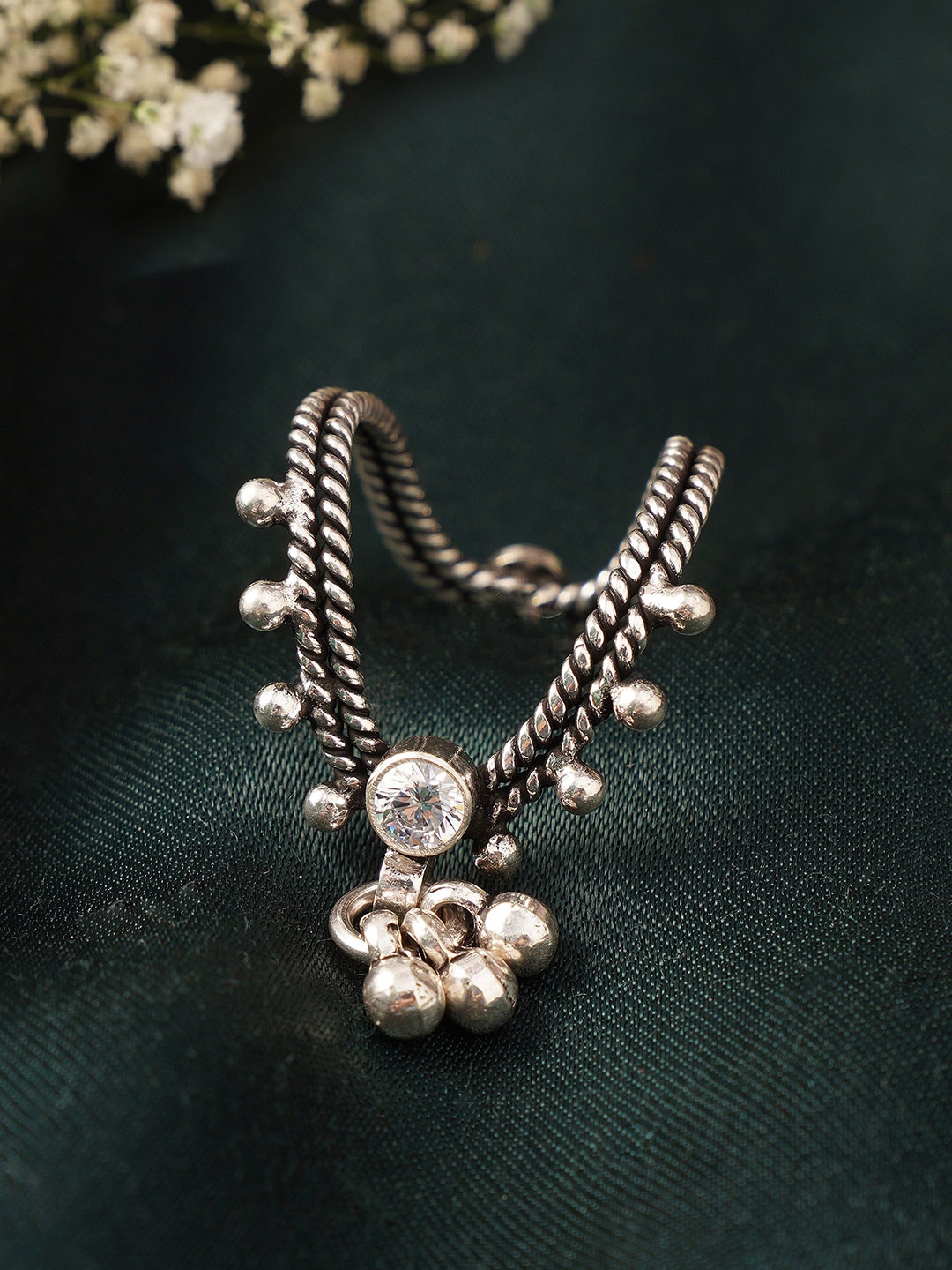 

JAYPORE Sterling Silver-Plated Stone Studded Adjustable Finger Ring