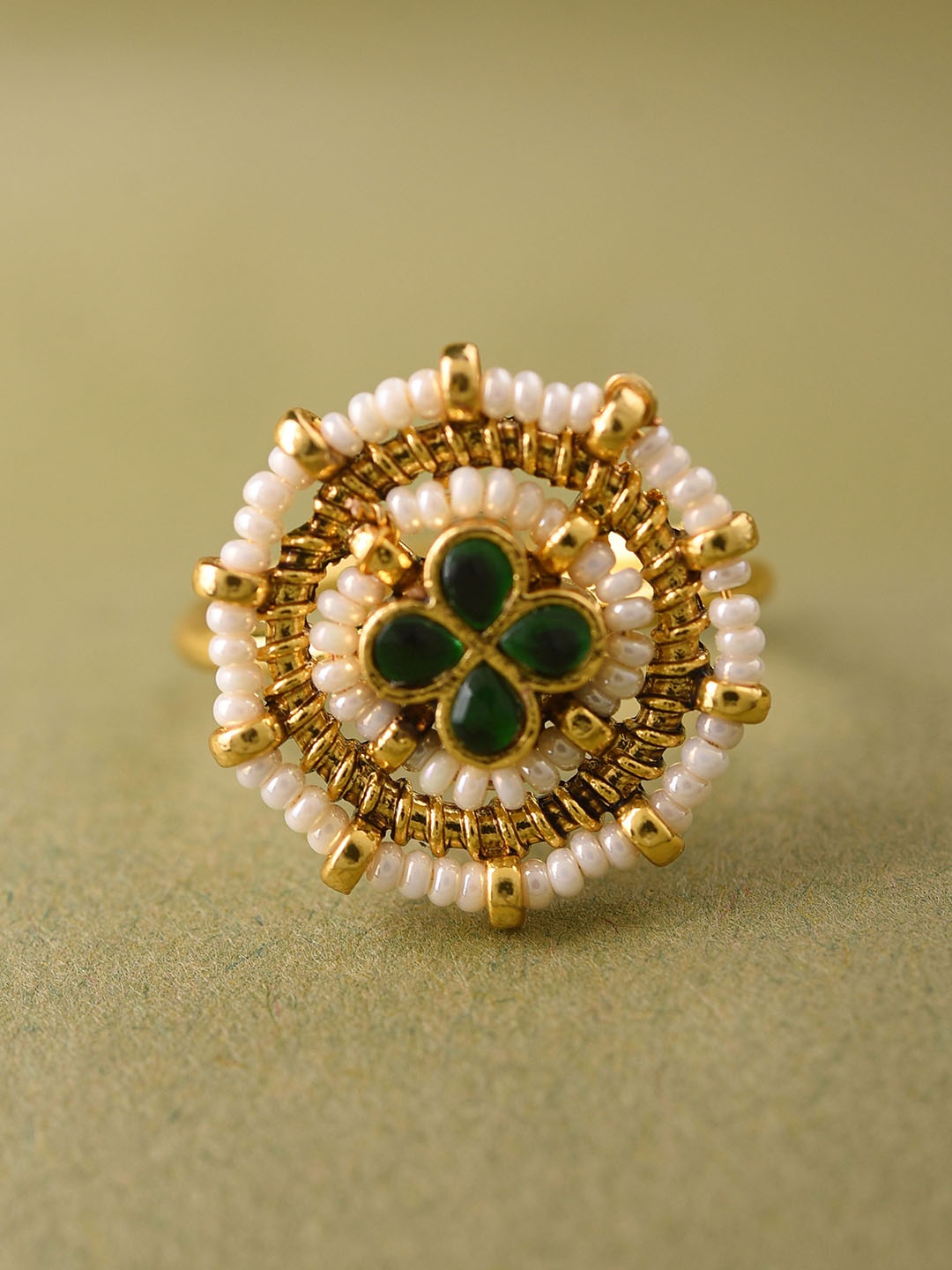 

JAYPORE Gold-Plated Stones-Studded & Pearls Beaded Finger Ring