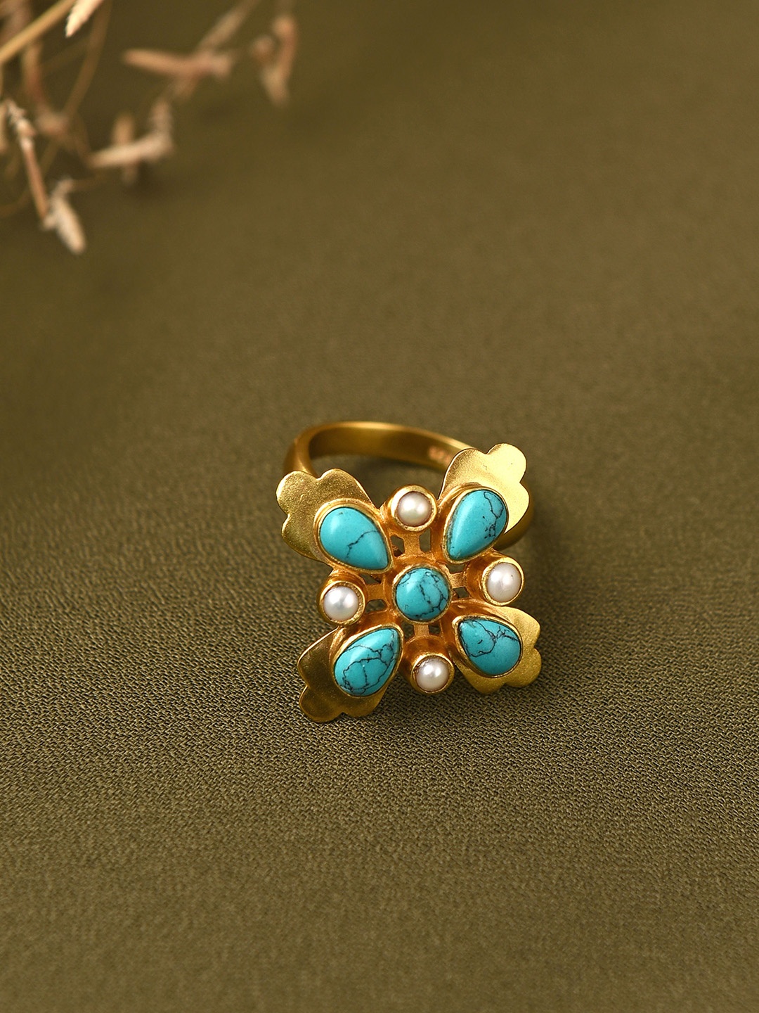 

JAYPORE Gold-Plated Sterling Silver Stones-Studded Finger Ring