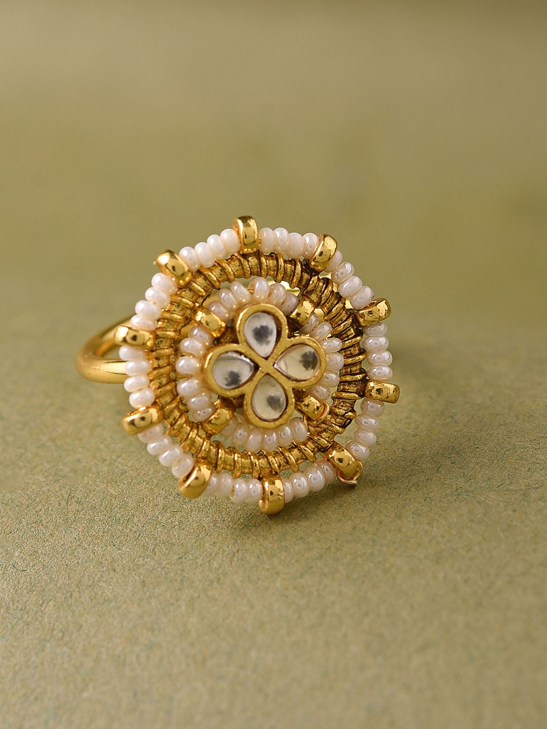 

JAYPORE Gold-Plated Kundan Stone Studded & Pearls Beaded Adjustable Finger Ring