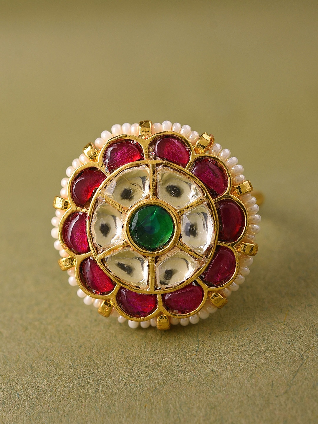 

JAYPORE Gold-Plated Kundan Stone Studded & Pearls Beaded Adjustable Finger Ring