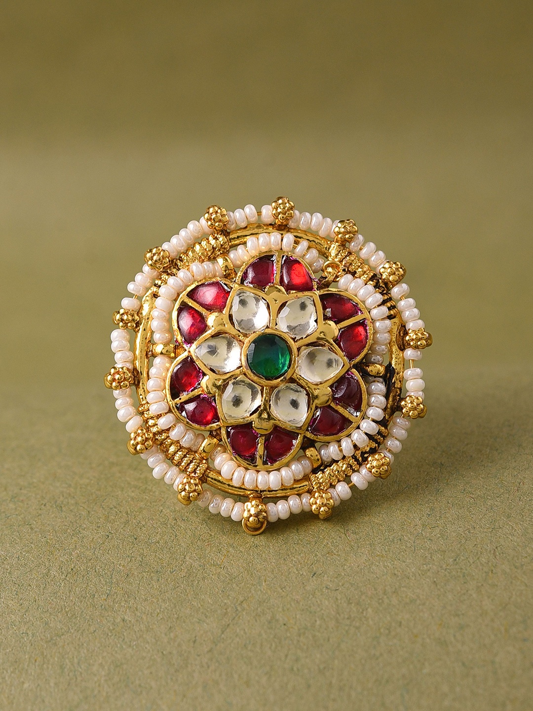 

JAYPORE Gold-Plated Stones-Studded & Pearls Beaded Finger Ring