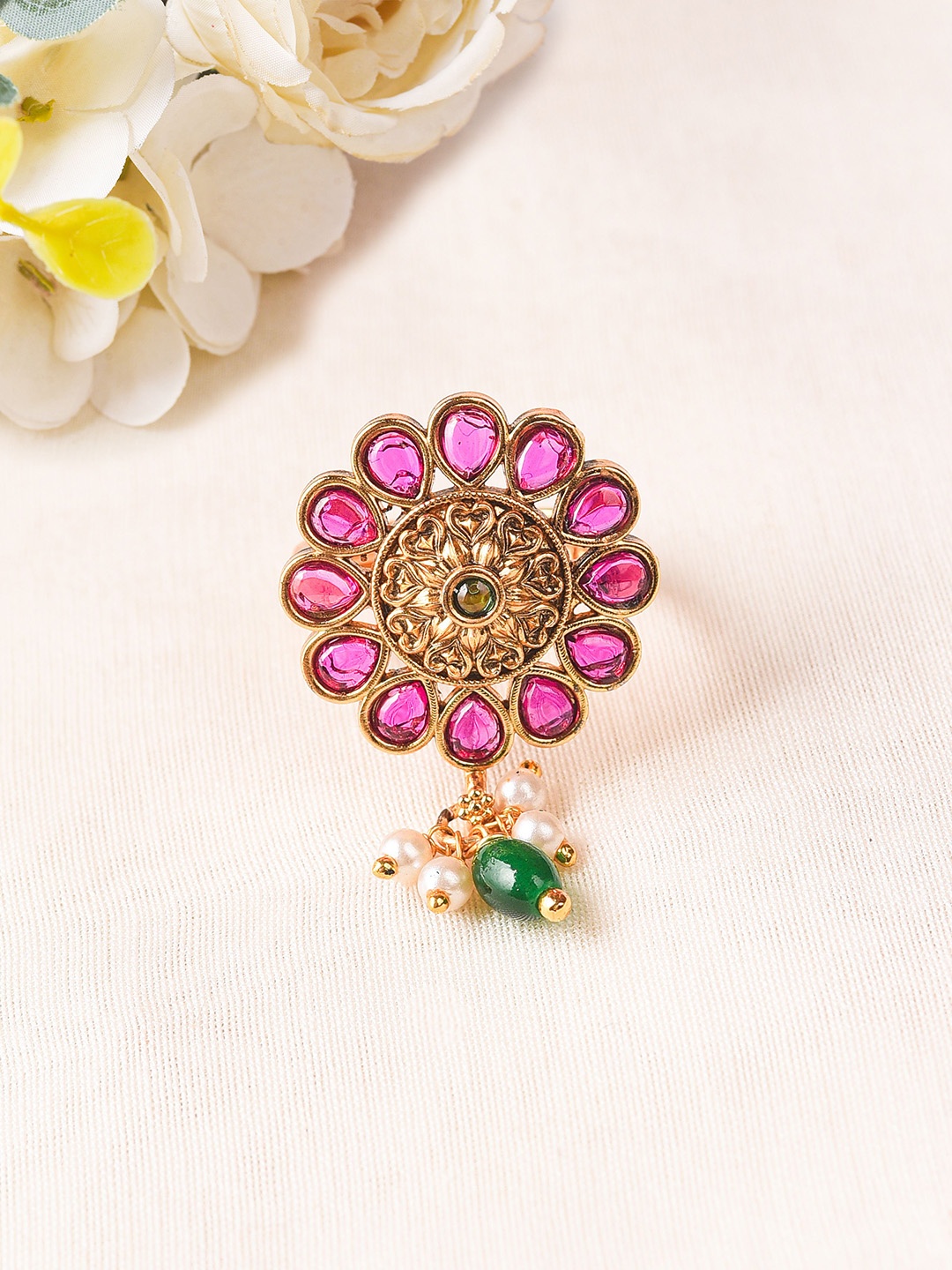 

JAYPORE Gold-Plated Stones-Studded & Beaded Finger Ring