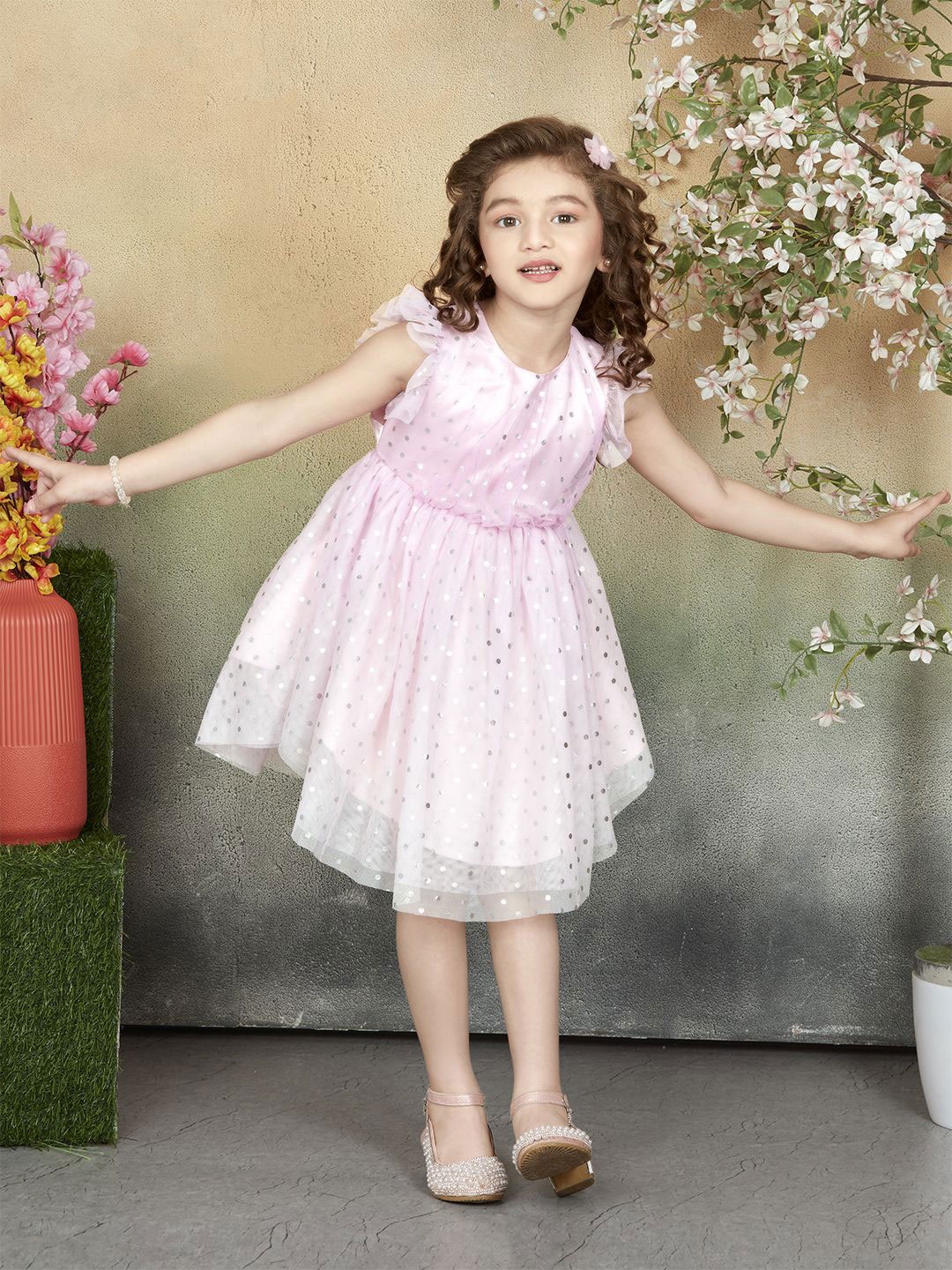 

Lil Peacock Girls Self Design Net Fit & Flare Dress, Pink