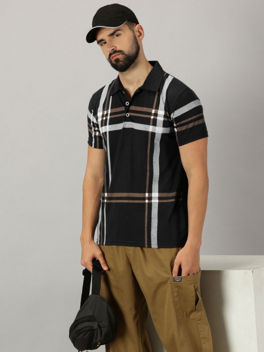 

AUSK Men Checked Polo Collar Cotton T-shirt, Black