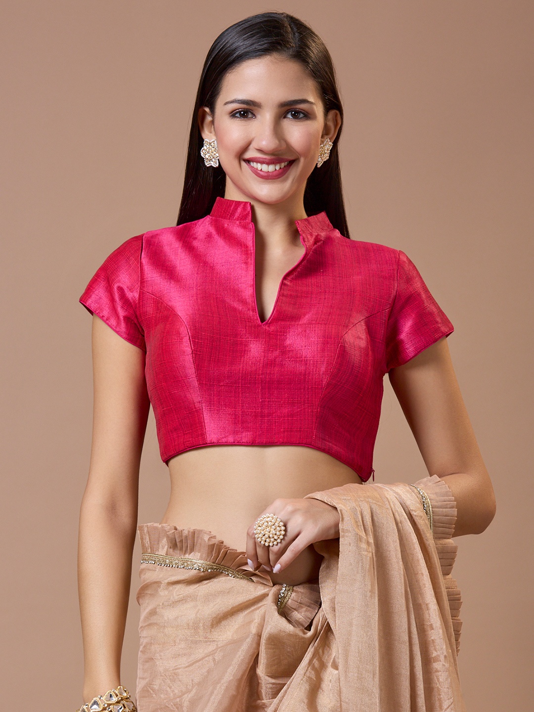 

SALWAR STUDIO Women Silk Mandarin Collar Saree Blouse, Pink