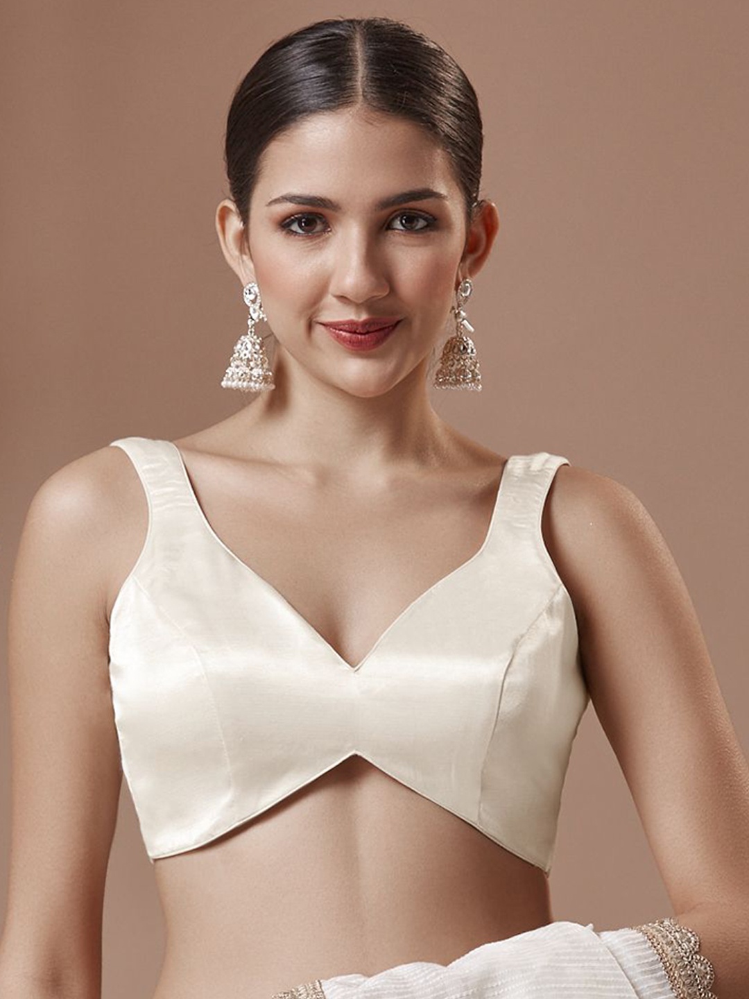 

SALWAR STUDIO Women Satin Sweetheart Neck Saree Blouse, Off white