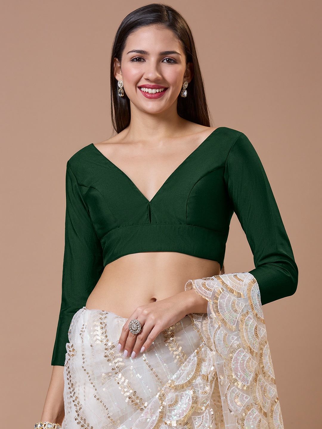 

SALWAR STUDIO Silk V Neck Three Fourth Sleeves Readymade Padded Blouse, Green