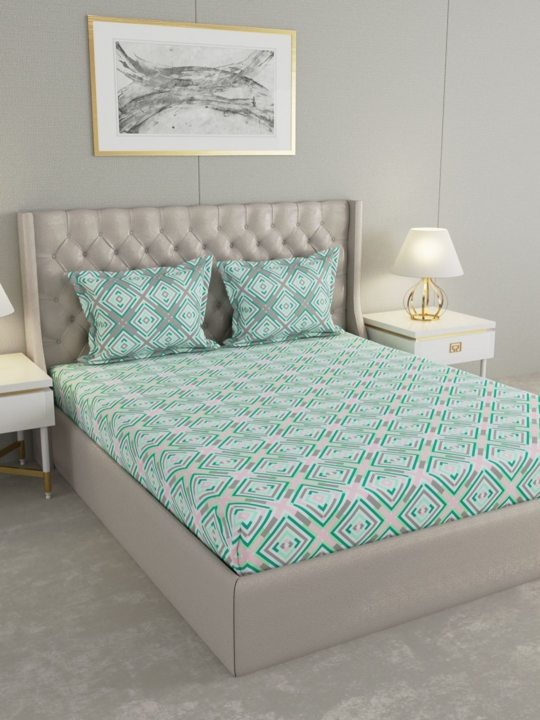 

Raymond Home Green & Grey Geometric 110 TC Cotton Queen Bedsheet Set 2.24 m X 2.54 m