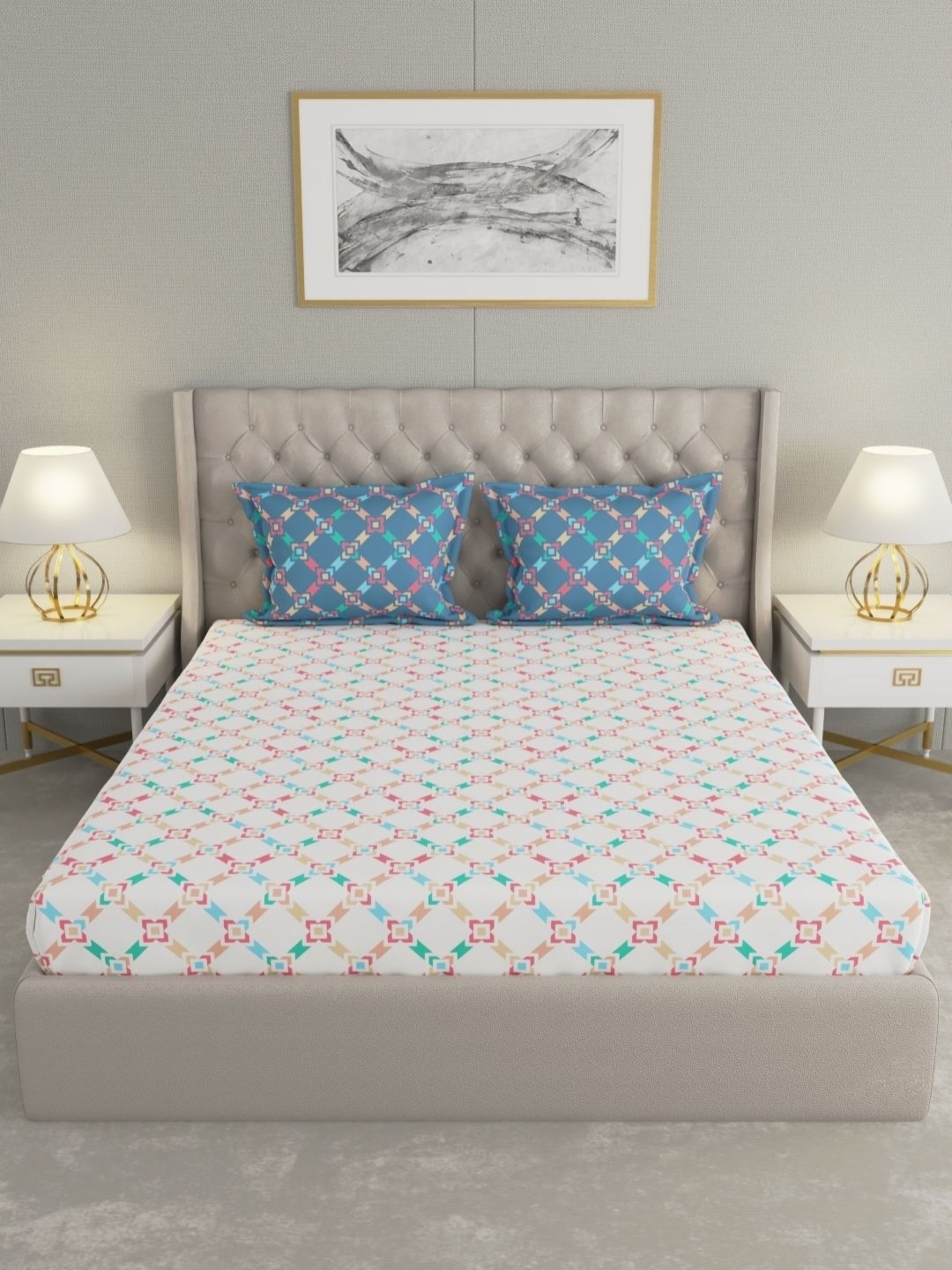 

Raymond Home Blue & Pink Geometric 110 TC Cotton Queen Bedsheet Set 2.24 m X 2.54 m