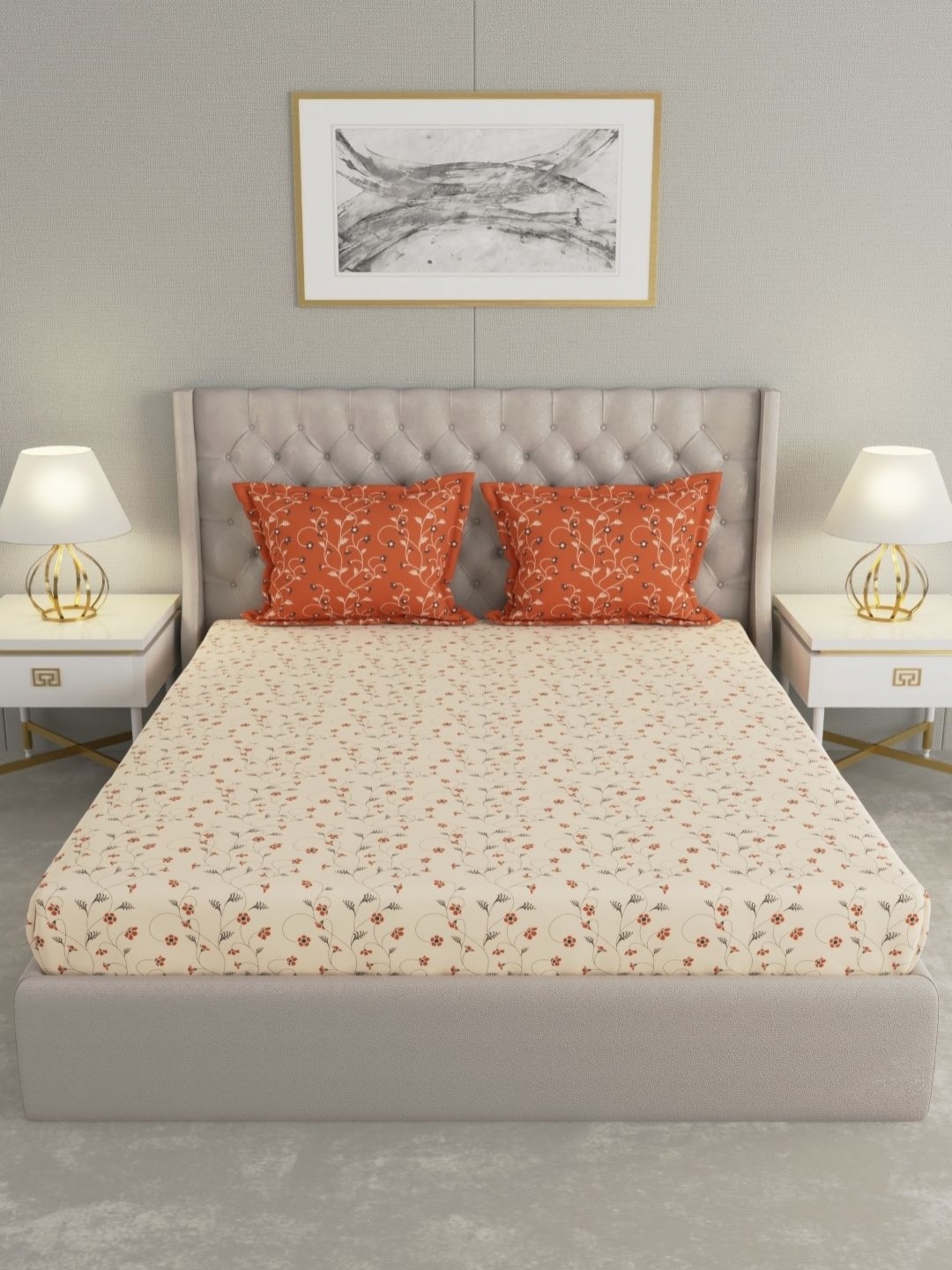 

Raymond Home Orange Coloured Floral 110 TC Cotton Queen Bedsheet Set 2.24 m X 2.54 m