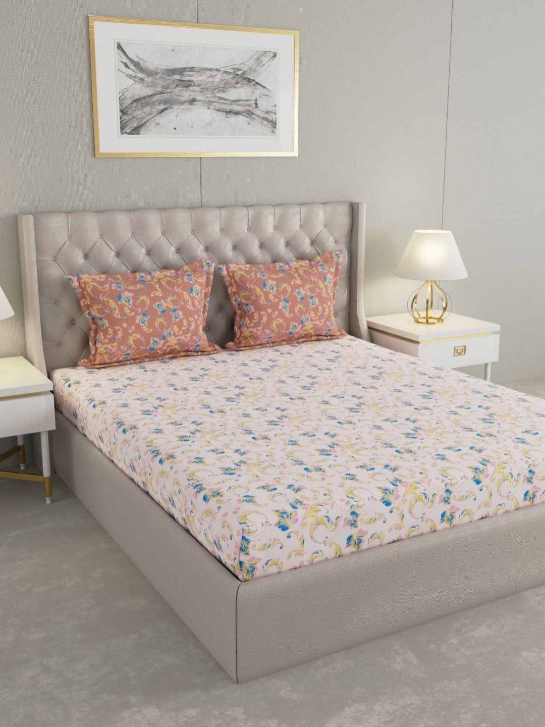 

Raymond Home Pink & Blue Floral 110 TC Cotton Queen Bedsheet Set 2.24 m X 2.54 m