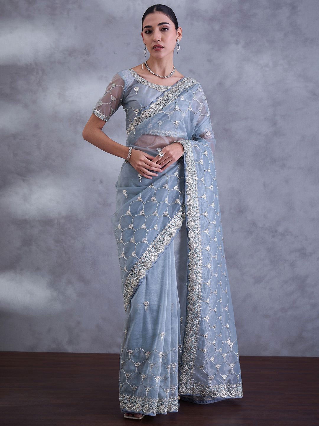 Saree mall Embellished Sequinned Net Saree, Blue
