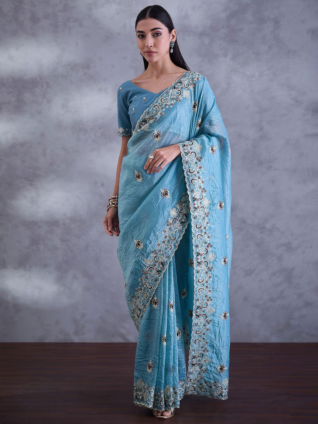 Saree mall Embellished Sequinned Tissue Sarees, Blue