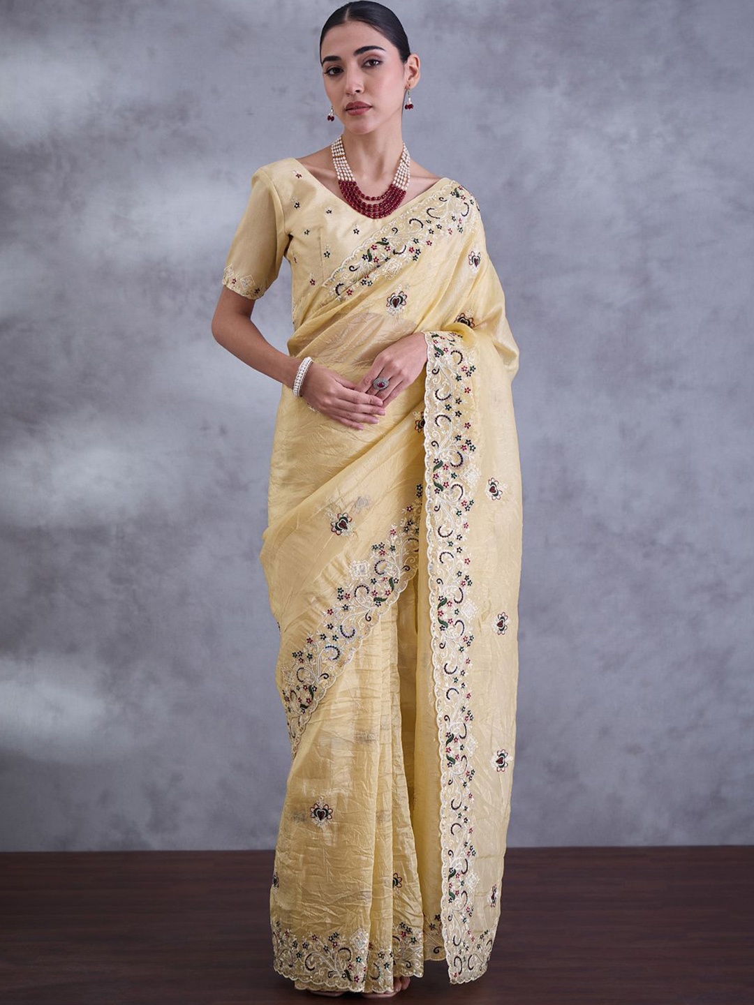 

Saree mall Embellished Embroidered Tissue Sarees, Yellow