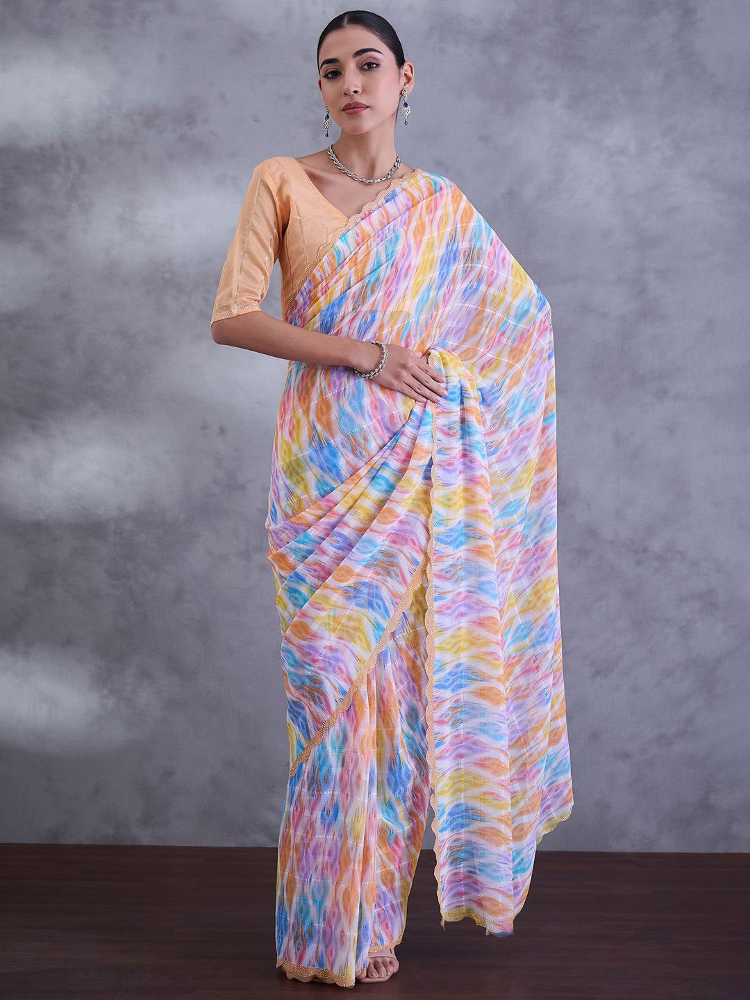 Saree mall Abstract Printed Beads and Stones Sarees, Pink