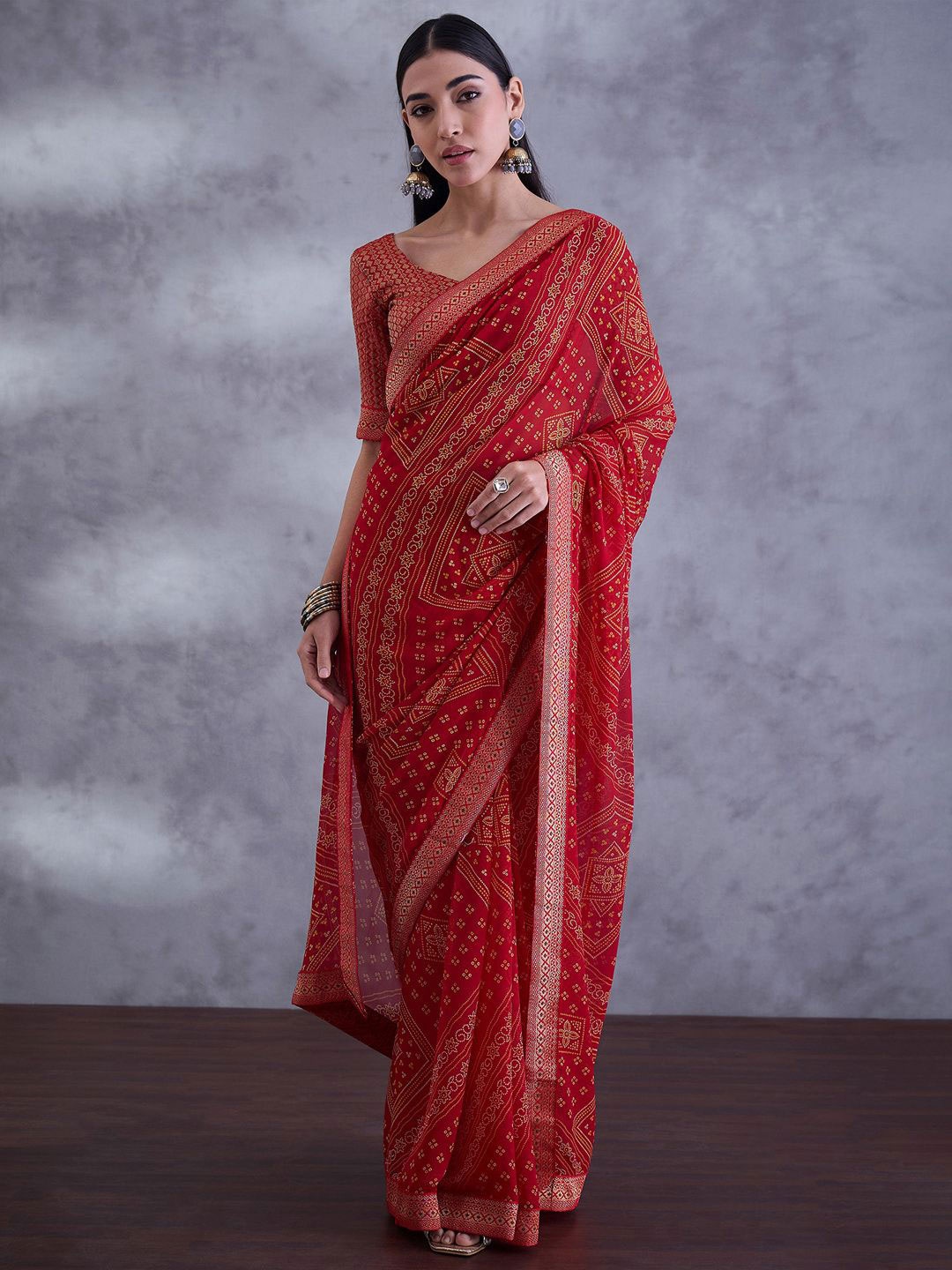 Saree mall Beads and Stones Embellished Bandhani Sarees, Red