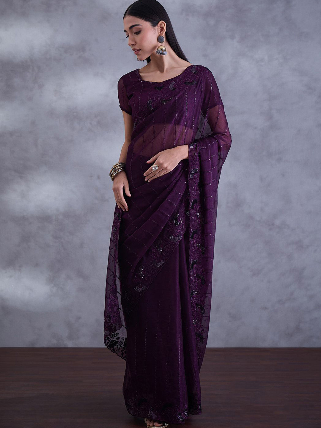 

Saree mall Embellished Sequinned Poly Chiffon Sarees, Purple