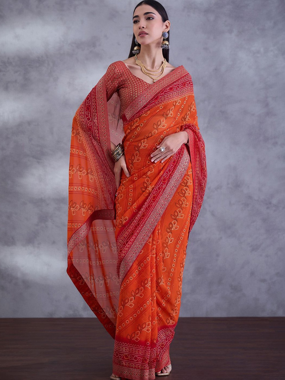 Saree mall Bandhani Embellished Sarees, Orange