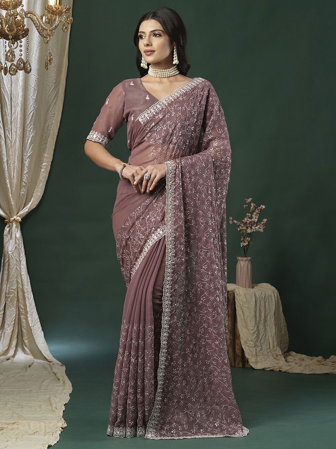 Anouk Embroidered Sequinned Saree, Burgundy