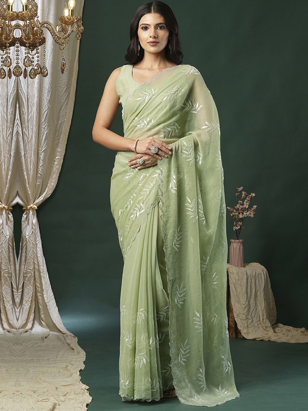 

Anouk Embellished Sequinned Organza Saree, Green