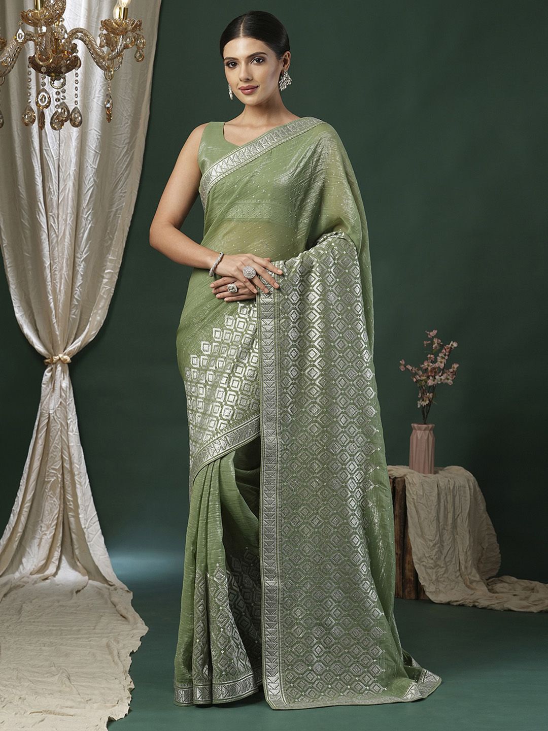 

Anouk Beads and Stones Woven Design Saree, Olive