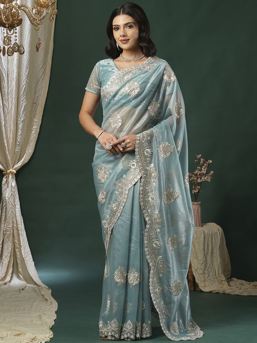 Anouk Embellished Beads and Stones Net Saree, Blue