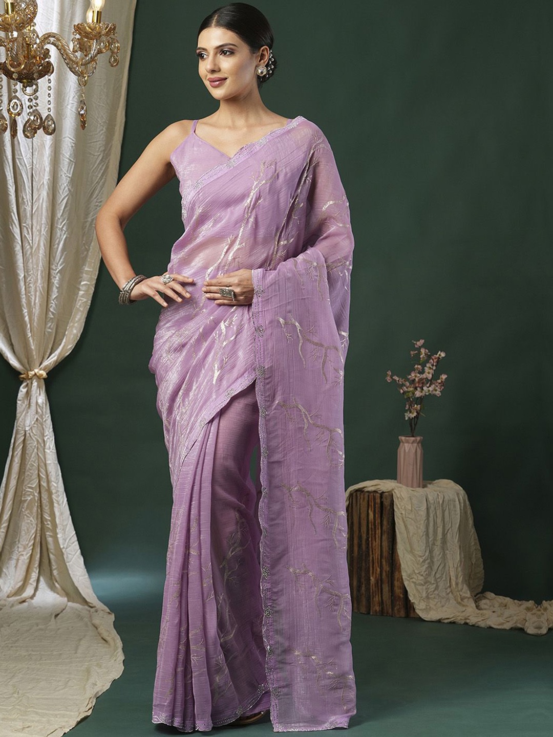 Anouk Embroidered Sequinned Saree, Lavender