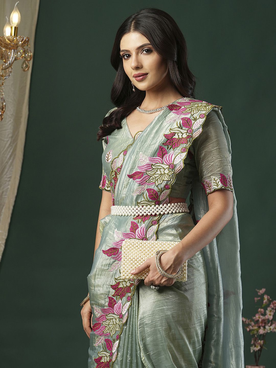 

Anouk Floral Embroidered Tissue Saree, Sea green