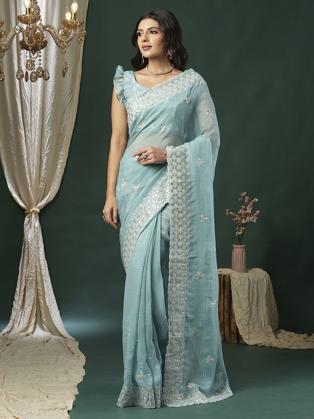 

Anouk Embellished Sequinned Designer Saree, Turquoise blue