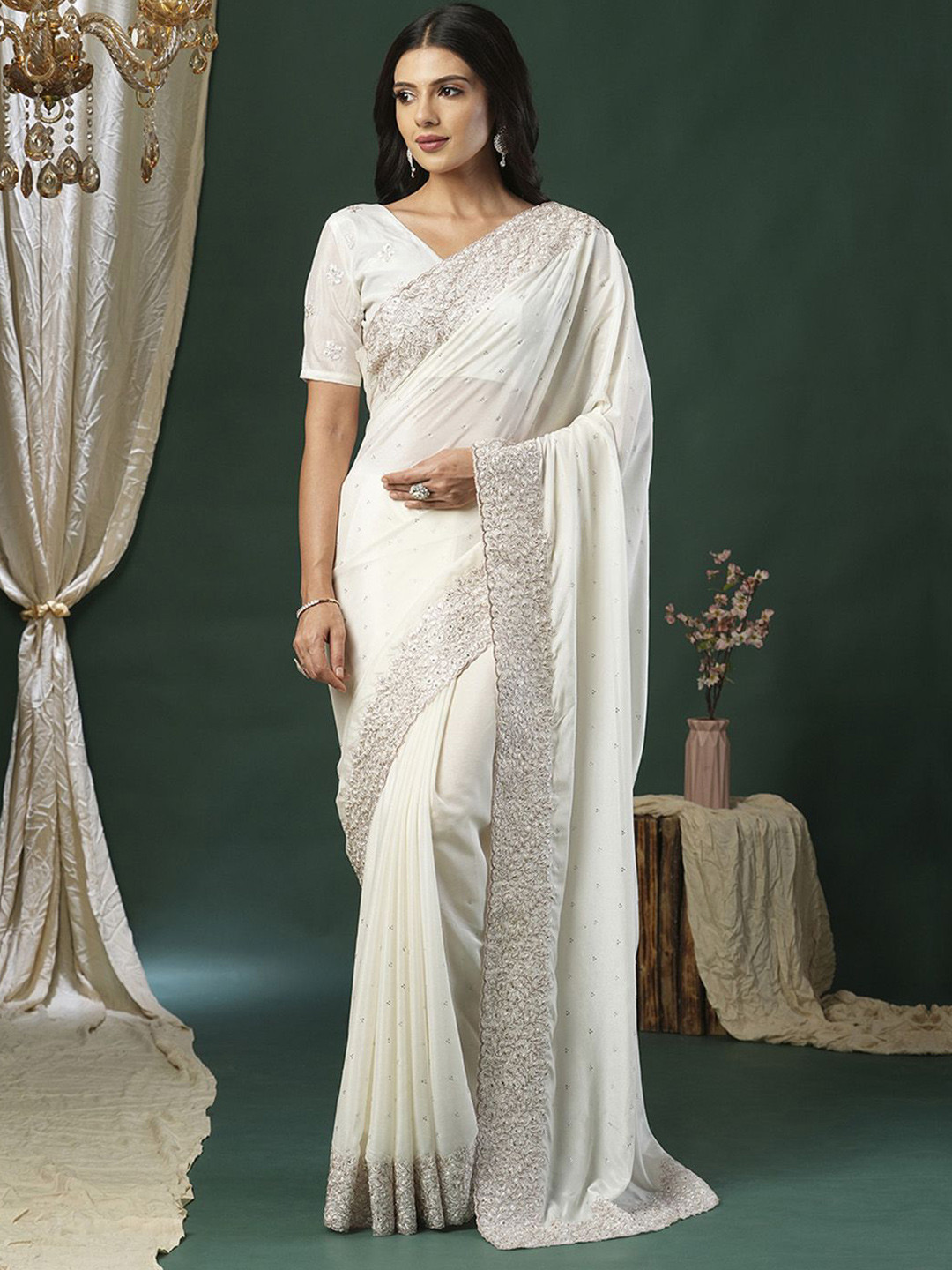 

Anouk Embellished Beads and Stones Saree, Off white