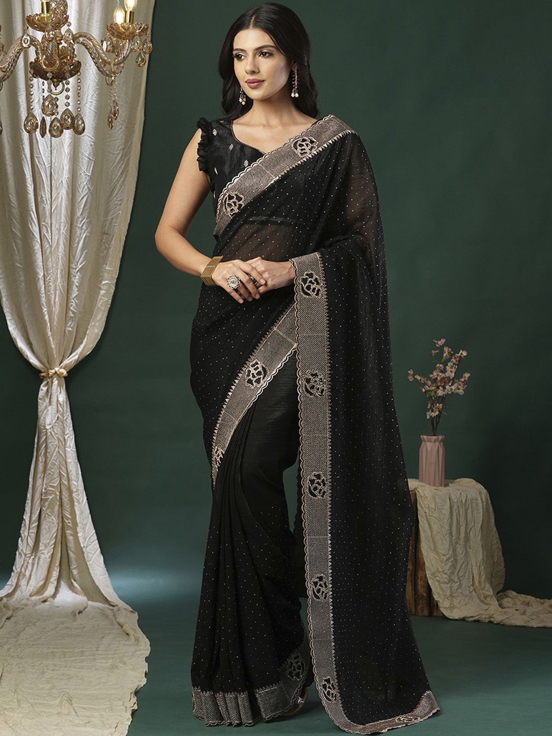 Anouk Embellished Beads and Stones Designer Saree, Black