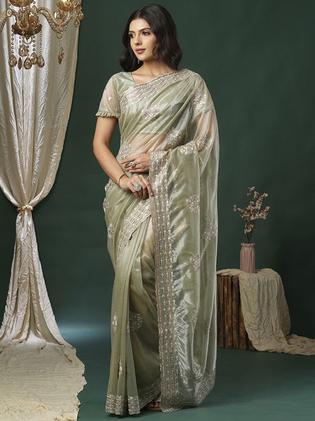 Anouk Embellished Beads and Stones Saree, Green