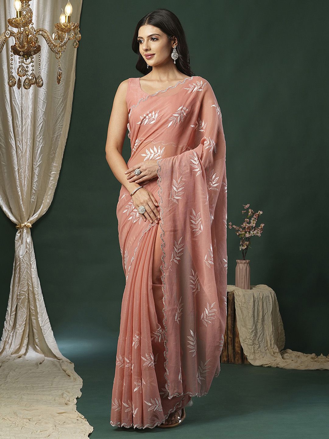 

Anouk Embellished Beads and Stones Organza Saree, Peach