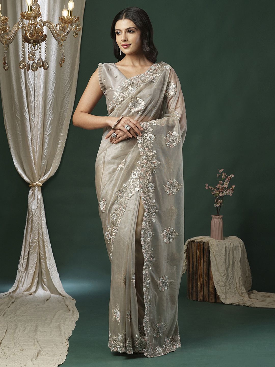 

Anouk Embroidered Net Saree, Beige