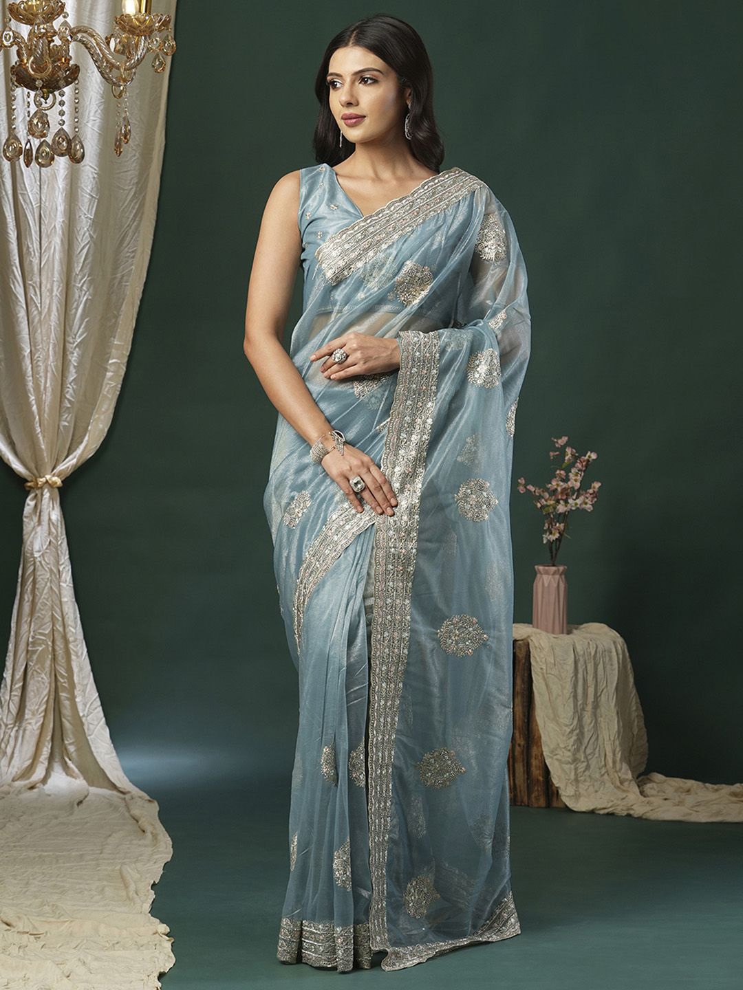Anouk Embellished Sequinned Net Saree, Blue