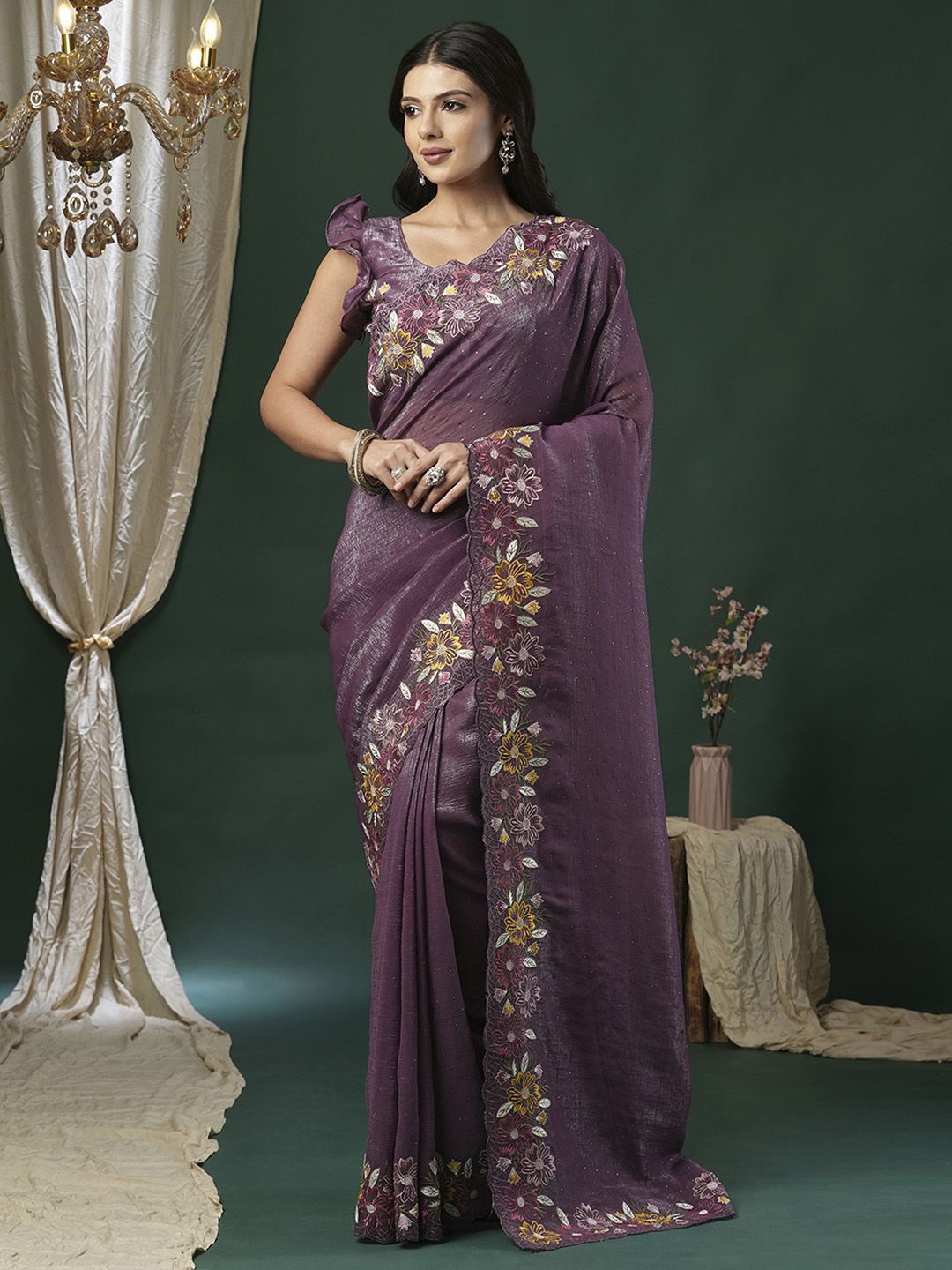

Anouk Embroidered Beads and Stones Tissue Saree, Purple