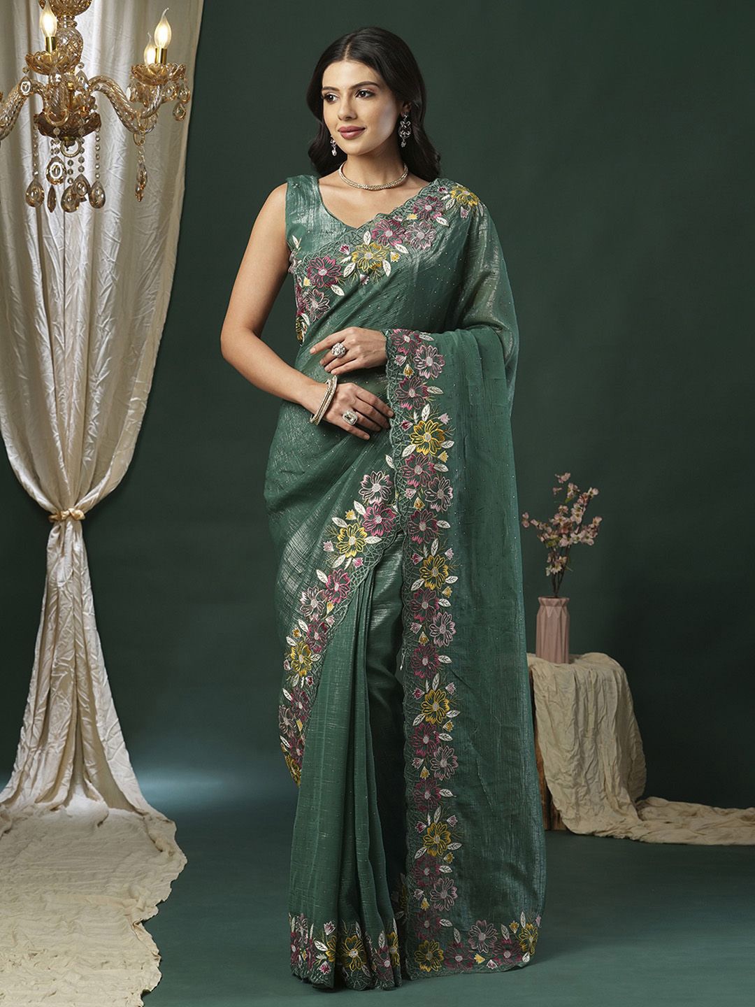 

Anouk Embroidered Beads and Stones Tissue Saree, Green