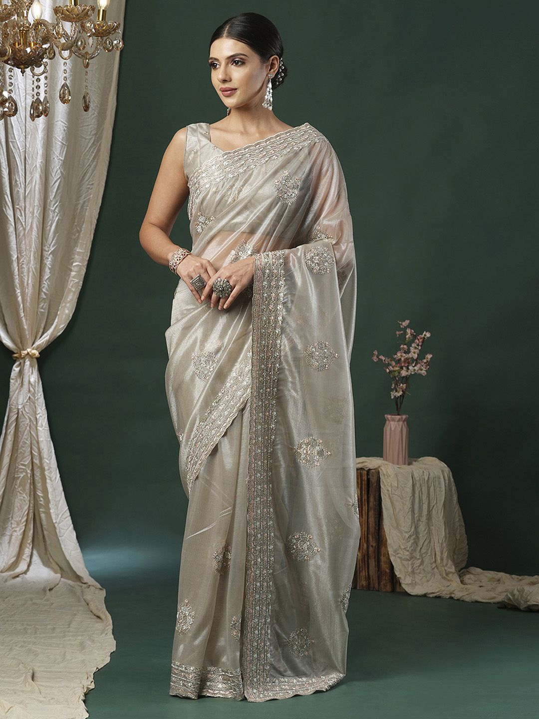 

Anouk Embellished Beads and Stones Net Saree, Beige