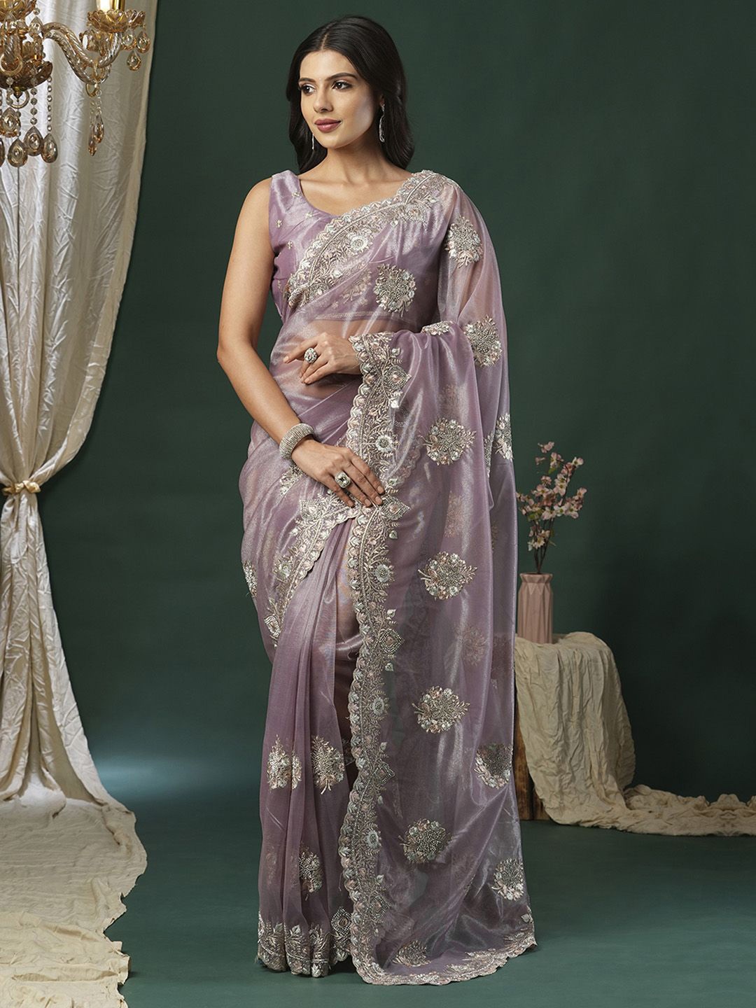 

Anouk Embellished Beads and Stones Net Saree, Lavender