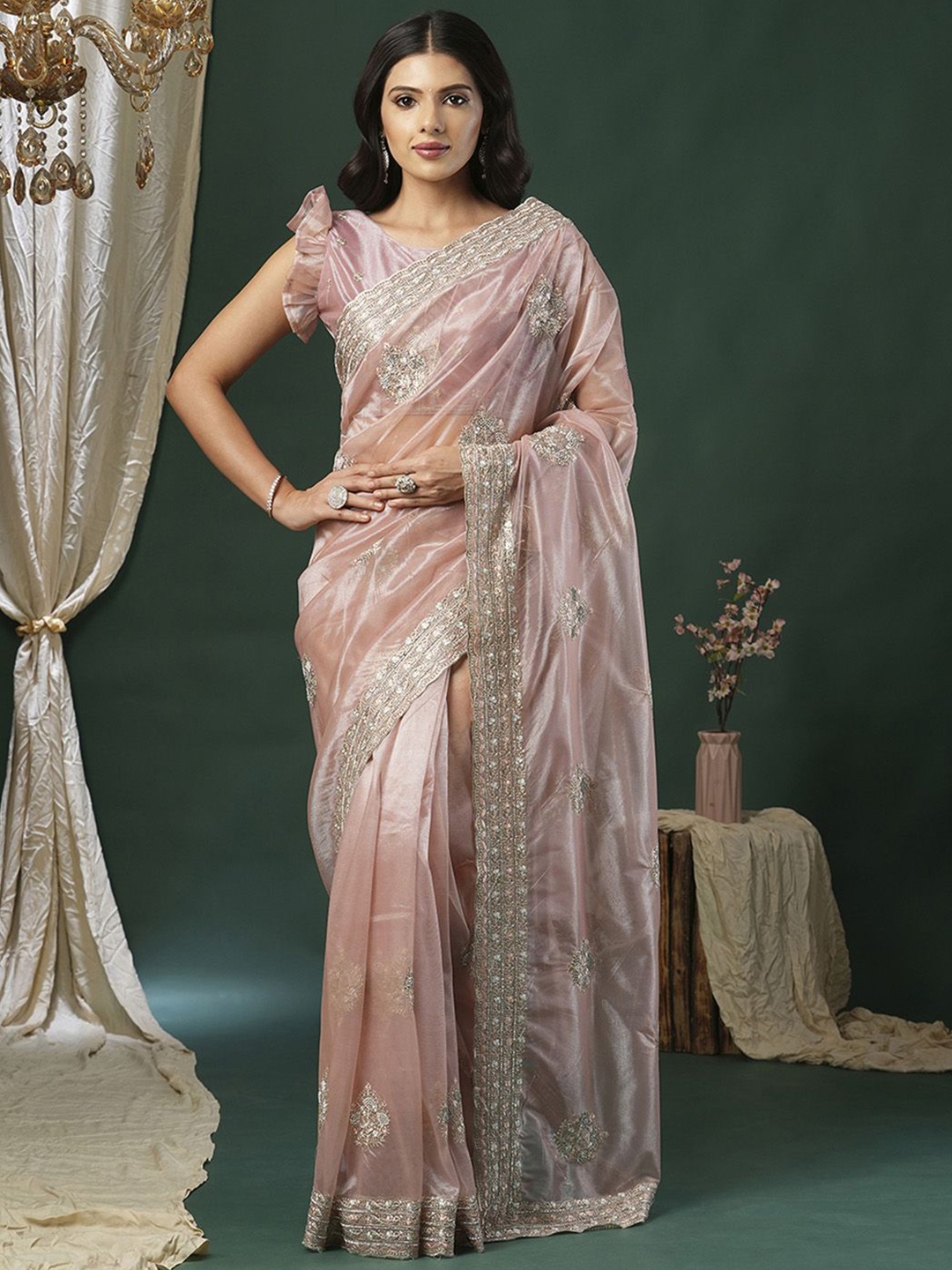 

Anouk Embellished Beads and Stones Net Saree, Pink