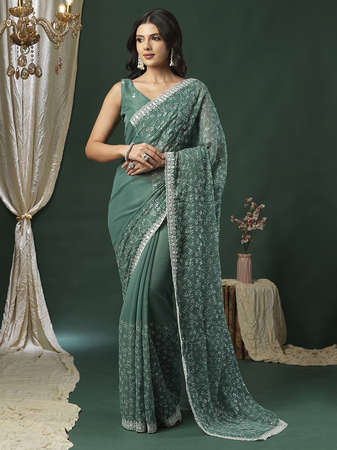 

Anouk Women Sequinned Embroidered Saree, Green
