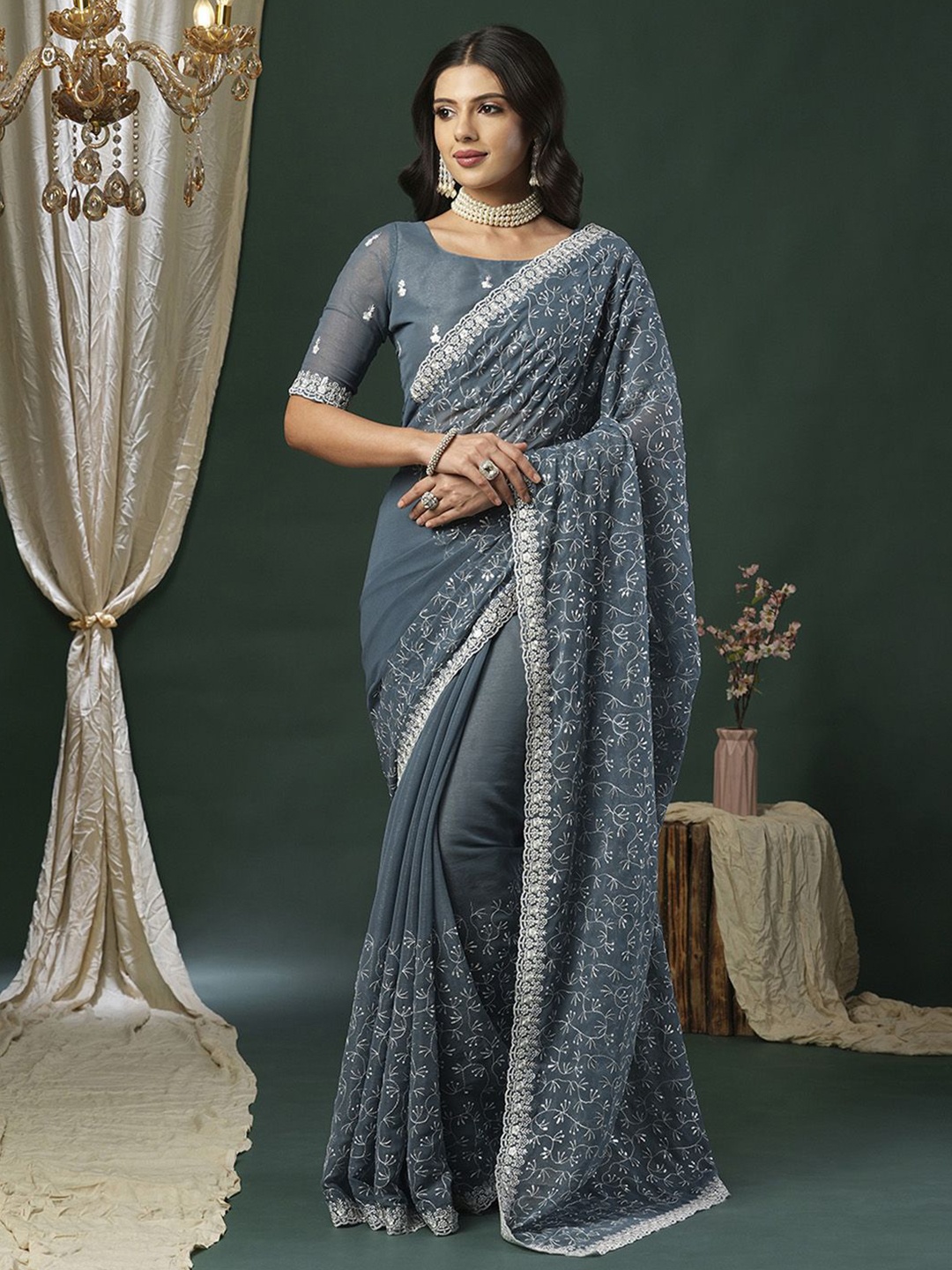 

Anouk Embellished Sequinned Saree, Grey