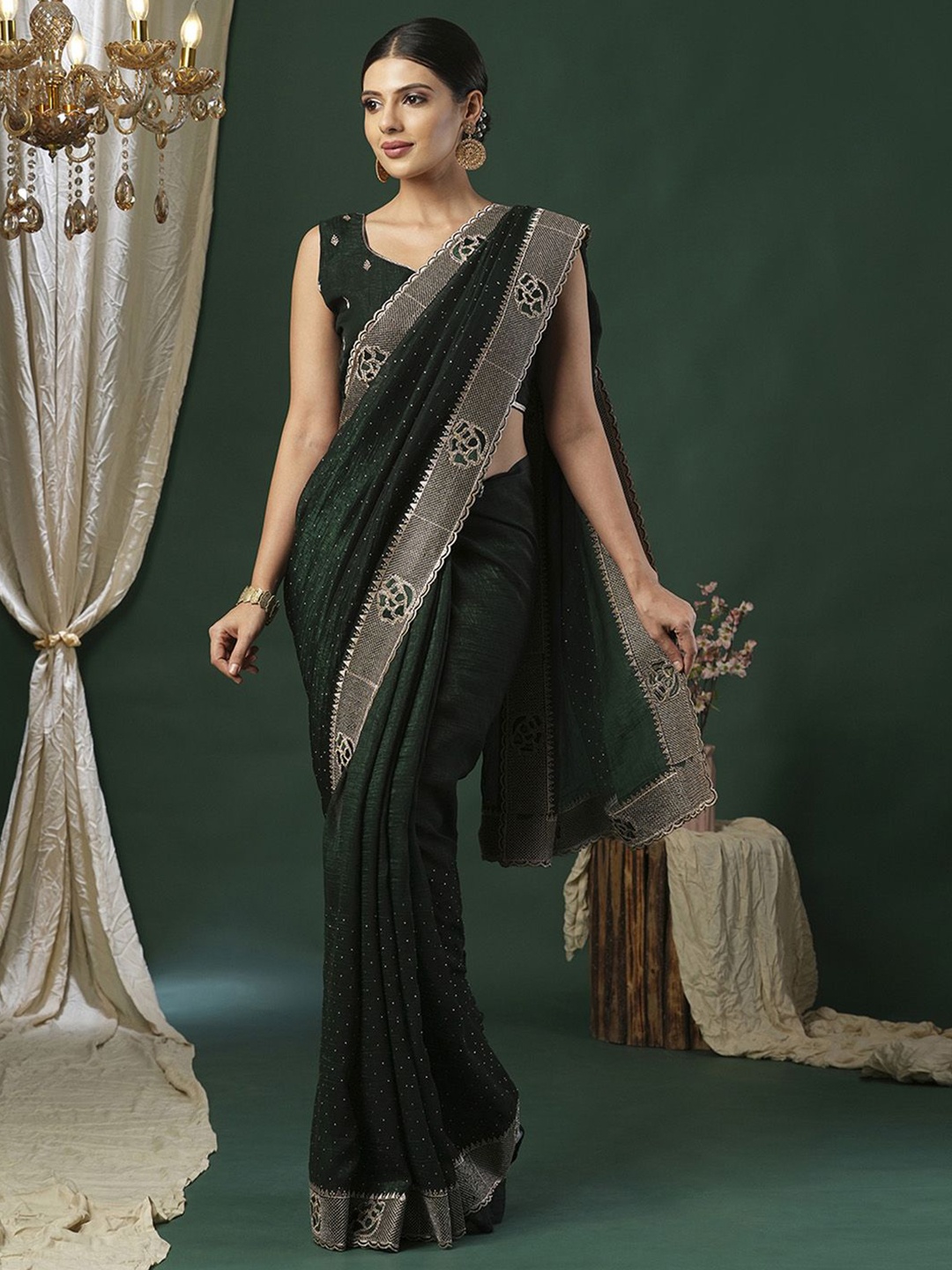 Anouk Women Embellished Beads and Stones Saree, Green