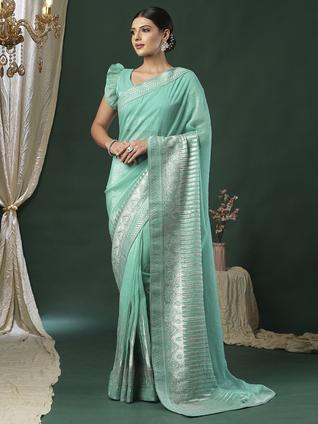 

Anouk Embellished Beads and Stones Saree, Turquoise blue